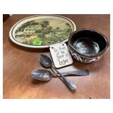 Currier & Ives metal tray, pottery bowl, spoons,