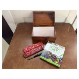 Wooden box, colored pencils, letter opener,