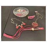 Glass dish, pink costume jewelry