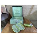 Metal file box, ceramic ashtray, lighter