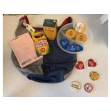 Denim bag of crayons, colored pencils, notepad