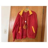 Cardinal & gold track jacket, handmade necklace