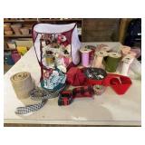 Mesh hamper of ribbon, spools of tulle