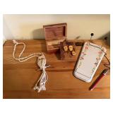 Cedar trinket box, macrame owl necklace, decor