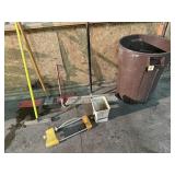 Trash can, sprinkler, hand spreader, broom