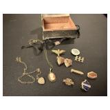 Trinket box, pins, cameo necklace