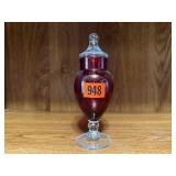 Ruby red glass candy jar