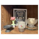 Bless This House picture, candles, crystal dish