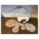 Embroidery hoops, needlepoint samplers, planter