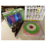 Crate of toy bowling, dart games, recorder, slinky