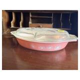 Pink Pyrex divided covered dish