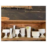 Milk glass vases, pitcher, pedestal dishes