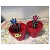 Vintage linen, flower pots, stained glass tulips