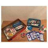 Sewing box, notions, pin cushions, patches, ribbon
