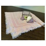 Pink tablecloth, stained glass hearts, trinket box