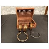 Wood carved trinket box, copper, cuff bracelets