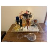 Vanity mirror, perfume bottles, trinket boxes,