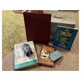 Metal file box, books, woodcrafted loon