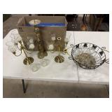 Brass candlestick, candelabras, basket, tea light