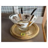 Mid century modern serving bowl, salad utensils,
