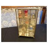 Miniature brass curio box, trinkets included