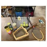 Tennis balls, raquets, table tennis net