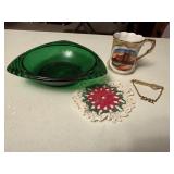 Green glassware, doilie, 1941 tie clip, German