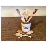 Kitchen utensil crock, wooden spoons