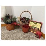 Christmas lot, basket of pinecones, greenery,