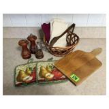Cutting board, wooden salt & pepper shakers,