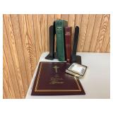 Holy Bible, Memorial Lutheran hymnals, book ends,