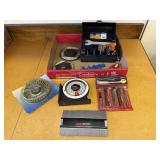 Protractor, saw blades, mortise bits