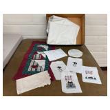 Mixed lot of needlepoint, quilted runner, sheer