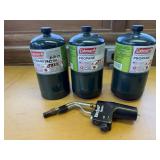 Coleman propane canisters (3), bernzomatic torch