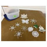 Storage container, crocheted ornaments