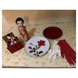 Asian doll, Noritake plate, gloves, card, decor