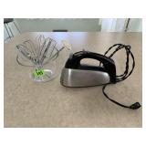 Hamilton Beach hand mixer, attachments, glass
