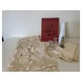 Runners, milk glass vase, glass candlesticks,