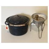 Enamel stock pot, colander, pestle