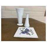 Butterfly trivet, milk glass vases (2)