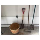 Bushel basket, shovels, rake