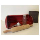 Red bread box, rolling pin, juicer, dairy bottle,
