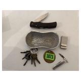 Key ring, pocket knives, money clip, medallion
