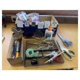 Box of office supplies, des tray, adhesives,
