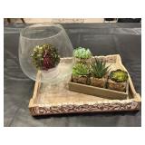 Decorative tray, artificial succulents, planters