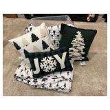 Holiday pillows, quilt, storage tote