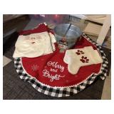 Merry & Bright tree skirt, stockings, pail, bags