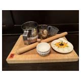 Cutting board, rolling pin, sifter, spoon rest