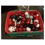 Storage tote of Christmas ornaments, balls