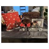 Lovebirds decor, pillow, heart dishes, frame,